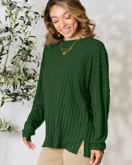 Basic Bae Full Size Ribbed Round Neck Slit Knit Top Dark Green