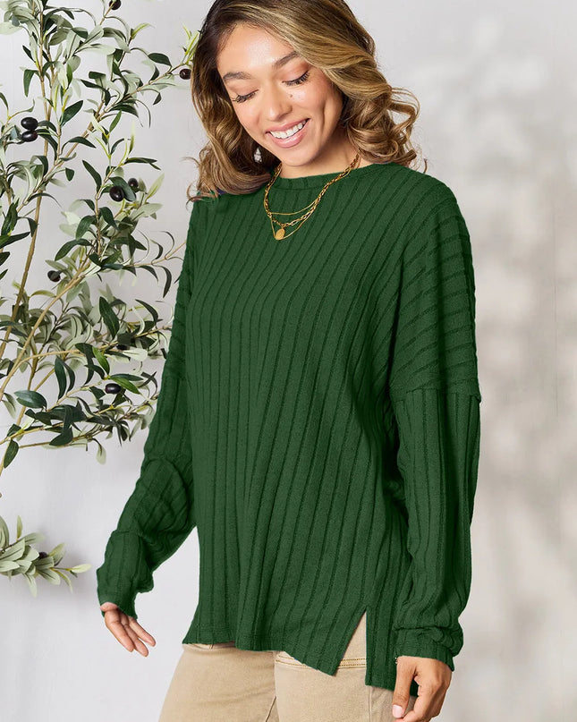 Basic Bae Full Size Ribbed Round Neck Slit Knit Top Dark Green