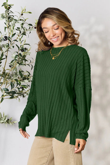 Basic Bae Full Size Ribbed Round Neck Slit Knit Top Dark Green