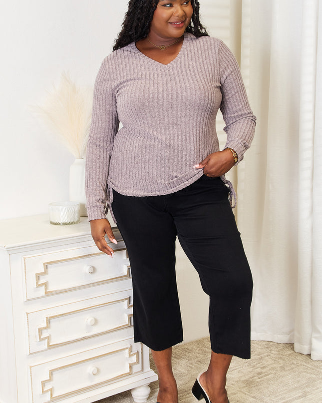 Double Take Drawstring Ribbed Long Sleeve T-Shirt