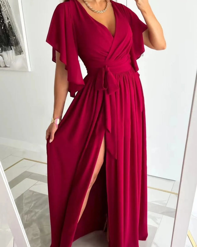 Flutter Sleeve Surplice Tie Waist Dress Red