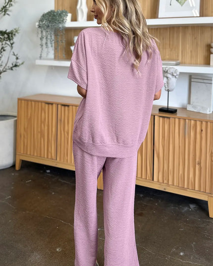 Double Take Full Size Texture Short Sleeve Top and Pants Set