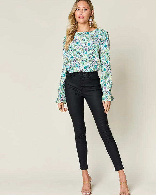 Double Take Full Size Printed Flounce Sleeve Blouse