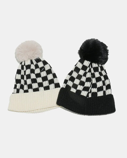 Checkered Knit Hat with Pompom