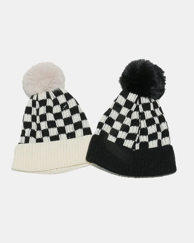 Checkered Knit Hat with Pompom