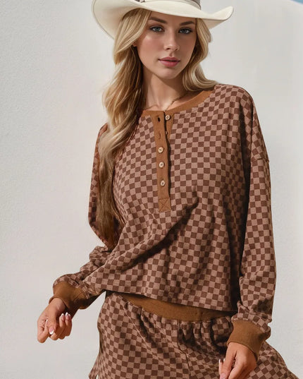 Double Take Checkered Half Button Top and Shorts Set Brown