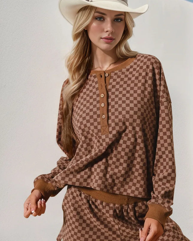Double Take Checkered Half Button Top and Shorts Set Brown