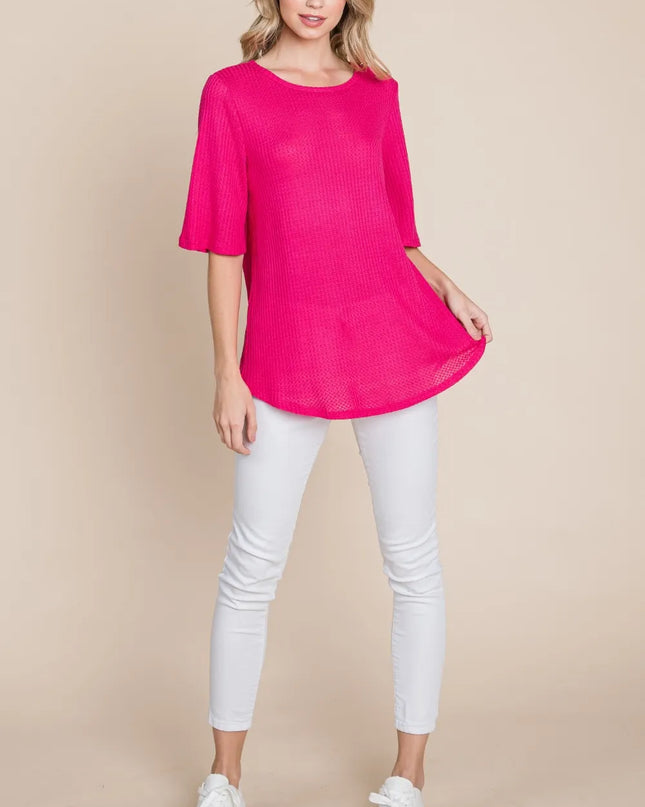 BOMBOM Round Neck Waffle Knit T-Shirt