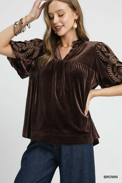 Umgee Full Size Velvet Embroidered Sleeve Blouse Plus Size Brown