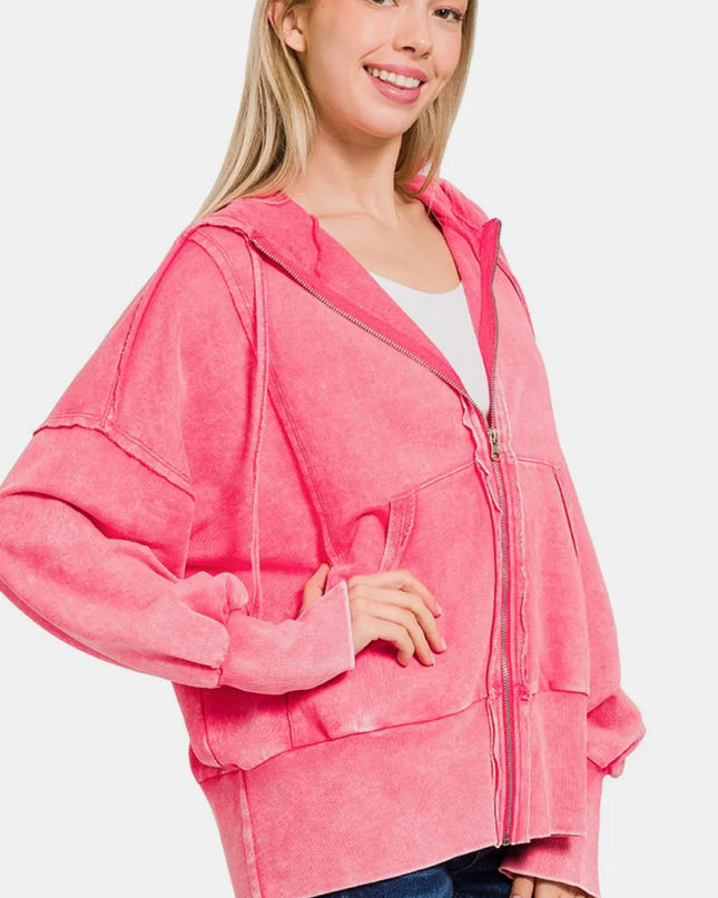 Zenana Acid Washed French Terry Zip-Up Hoodie with Pockets