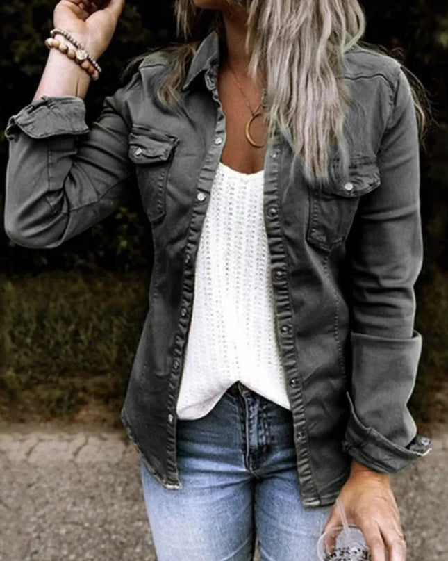 Double Take Full Size Snap Down Long Sleeve Shacket Black