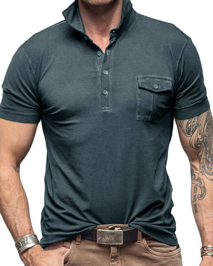 Men's Classic Pocket Polo Shirt with Stand Collar Dark Gray