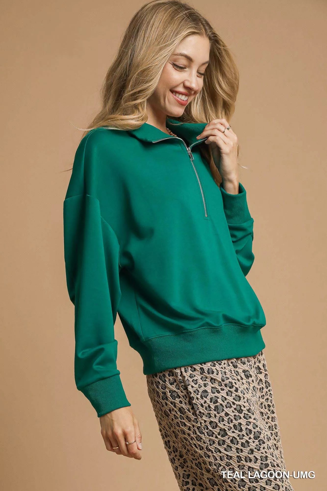 Umgee Half Zip Drop Shoulder Sweatshirt