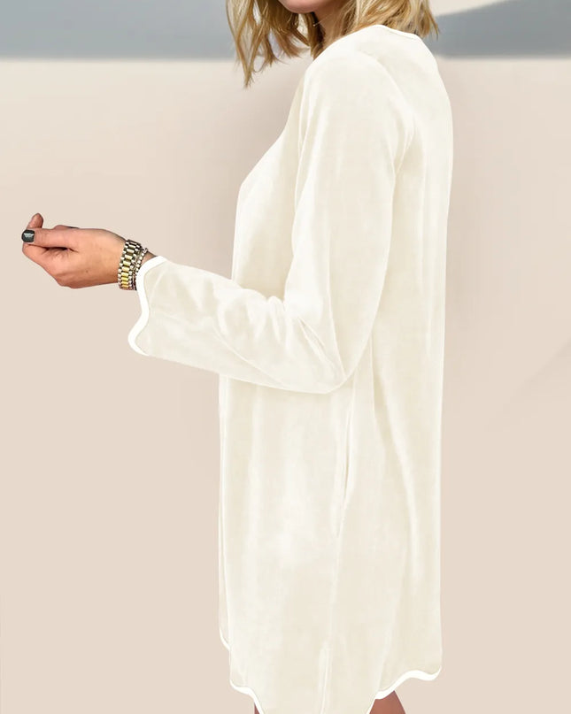 Double Take Wave Contrast Trim V-Neck Zip Up Long Sleeve Mini Dress