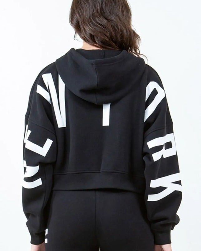 American Bazi Letter Graphic Long Sleeve Drawstring Cropped Hoodie Black