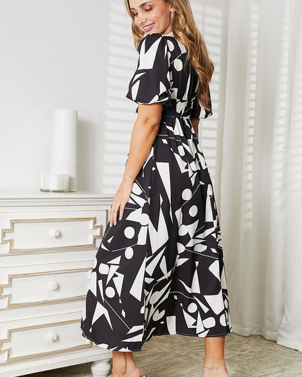Printed Surplice Balloon Sleeve Dress