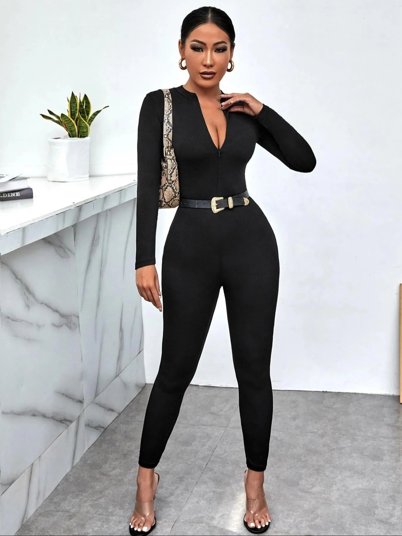 Long Sleeve Bodycon Jumpsuit Black