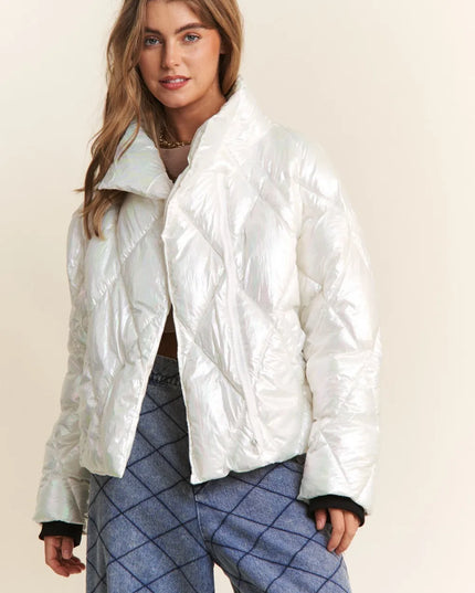 J.NNA Quilted Mock Neck Puffer Jacket Winter Glass