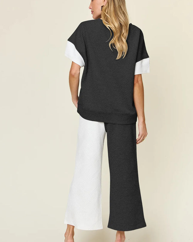 Double Take Full Size Texture Contrast T-Shirt and Wide Leg Pants Set