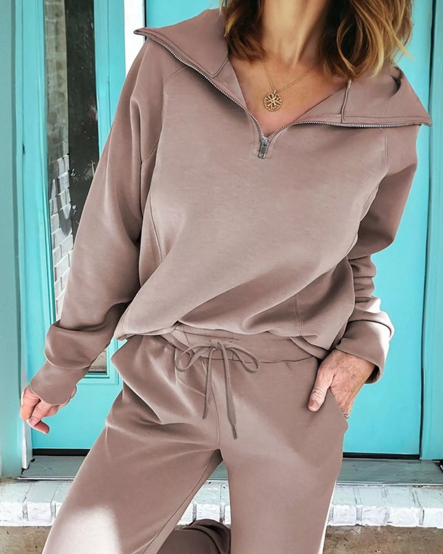 Zip Collar Long Sleeve Top and Drawstring Pants Set Taupe