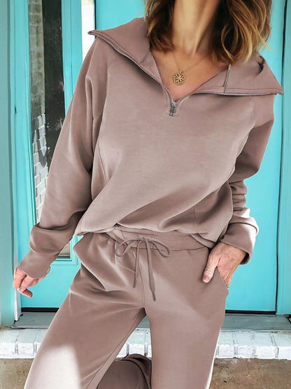 Zip Collar Long Sleeve Top and Drawstring Pants Set Taupe