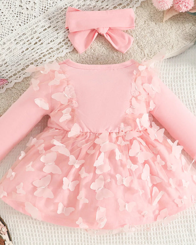 Children's Butterfly Decor Flower Applique Dress with Headband