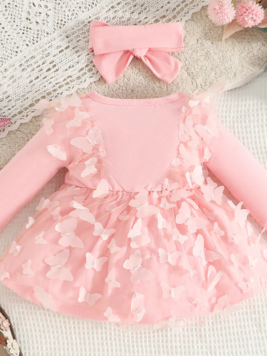 Children's Butterfly Decor Flower Applique Dress with Headband