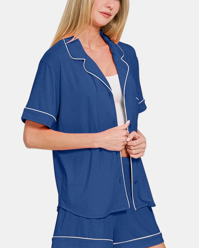 Zenana Button Down Short Sleeve Top and Shorts Lounge Set