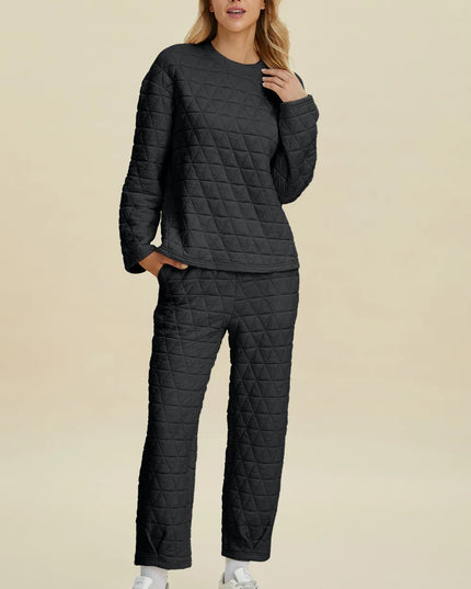 Double Take Full Size Texture Round Neck Long Sleeve Top and Pants Set