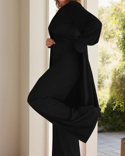 Full Size Slit Round Neck Long Sleeve Top and Pants Set