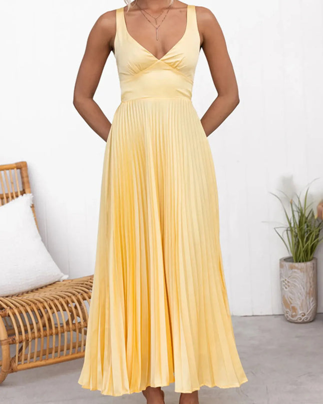 Pleated V-Neck Sleeveless Maxi Dress