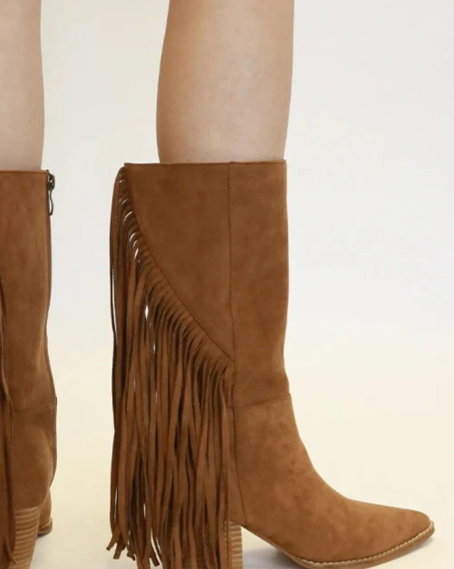Beast Fashion Suede Fringe Point Toe Boots Coffee