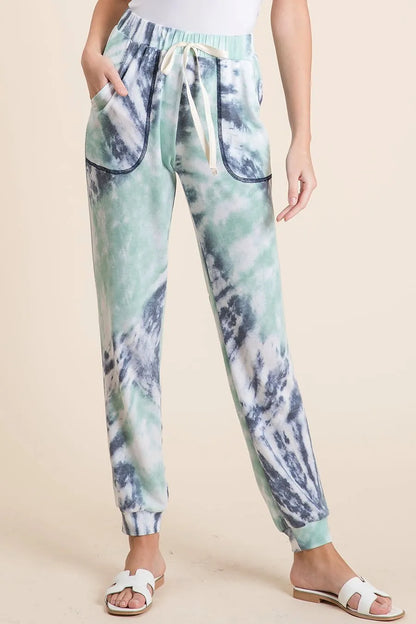 BiBi Tie Dye French Terry Casual Sweat Pants COOL BLUE MINT