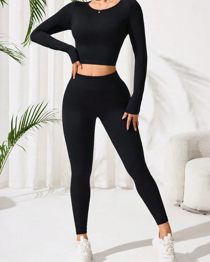 Lace-Up Back Round Neck Top and Leggings Active Set 
