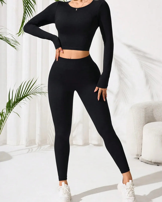 Lace-Up Back Round Neck Top and Leggings Active Set 