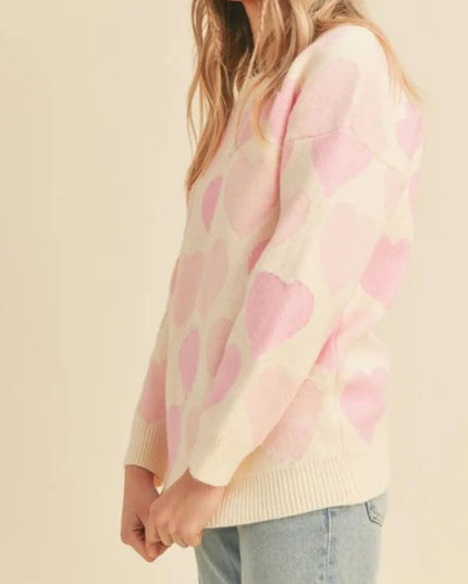 Heart Ribbed Hem Long Sleeve Sweater
