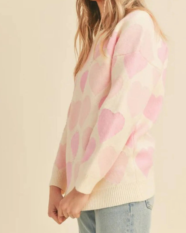 Heart Ribbed Hem Long Sleeve Sweater