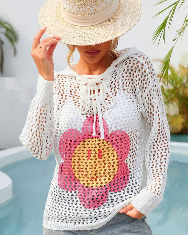 Angel Wings Flower Graphic Lace-Up Openwork Hooded Cover Up