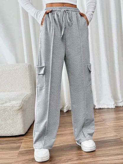 Perfee Drawstring Wide Leg Pants with Pockets Gray