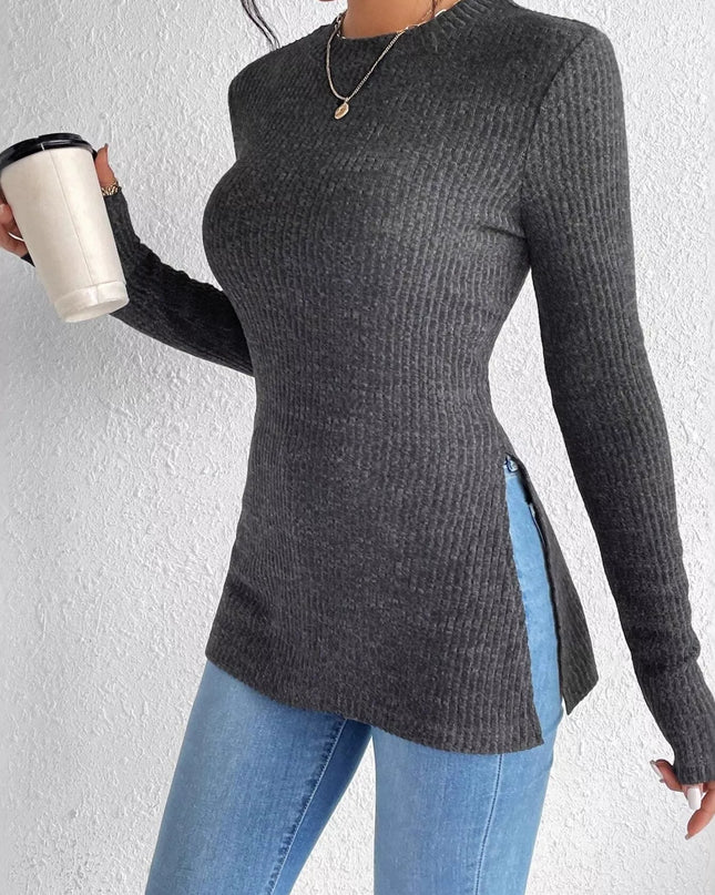 Slit Round Neck Long Sleeve T-Shirt