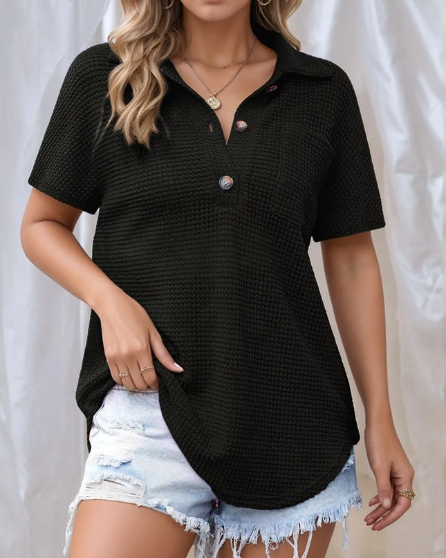 Waffle-Knit Short Sleeve Polo Shirt Black