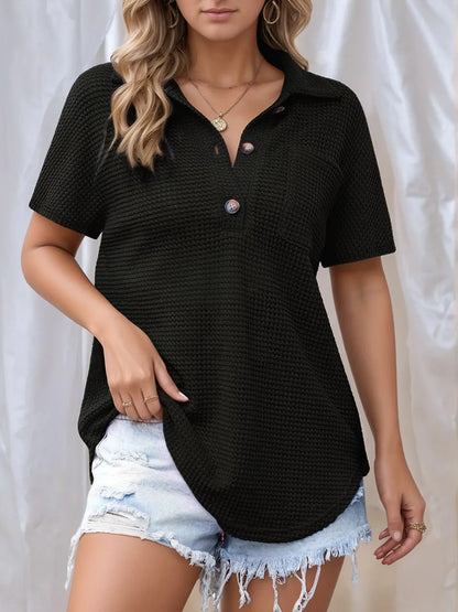 Waffle-Knit Short Sleeve Polo Shirt Black