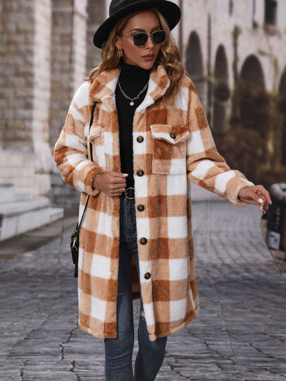 Plaid Collared Neck Button Down Coat Chestnut
