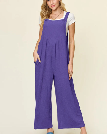 Double Take Full Size Texture Sleeveless Wide Leg Overall Indigo