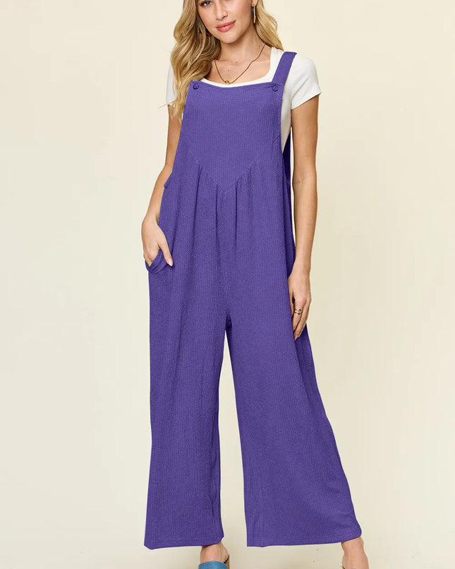 Double Take Full Size Texture Sleeveless Wide Leg Overall Indigo