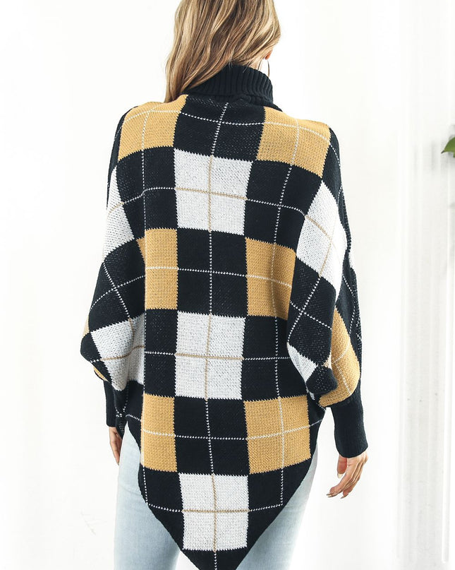 Plaid Turtleneck Dolman Sleeve Poncho