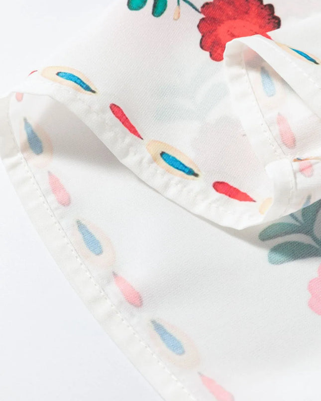 Floral Print Round Neck Ruffle Trim Blouse