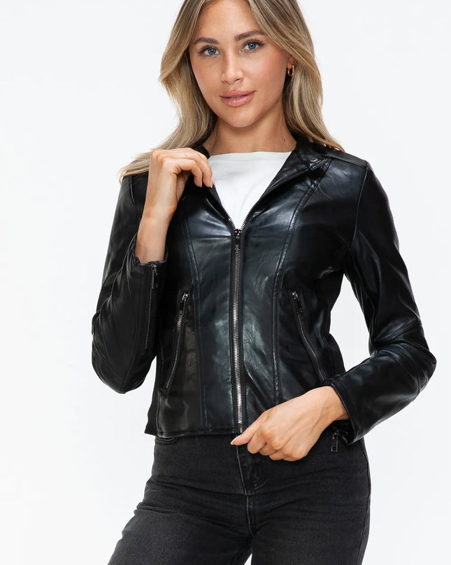 Snobbish Faux Leather Zip Up Drawstring Hooded Jacket