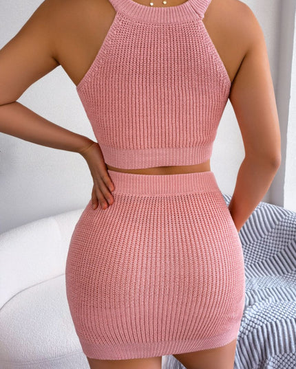 Heart Contrast Ribbed Sleeveless Knit Top and Skirt Set