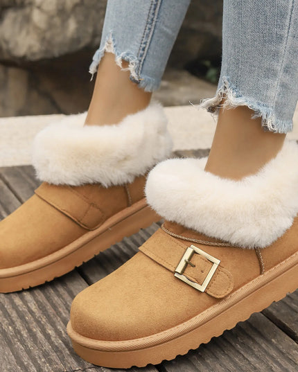 Fur-Lined Buckle Winter Ankle Boots Camel